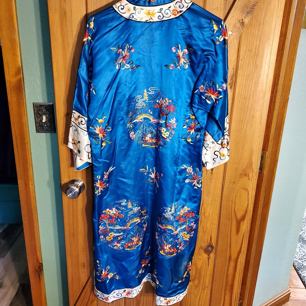 Blue Embroidered Satin Top with Floral Motif - Picture 8 of 16